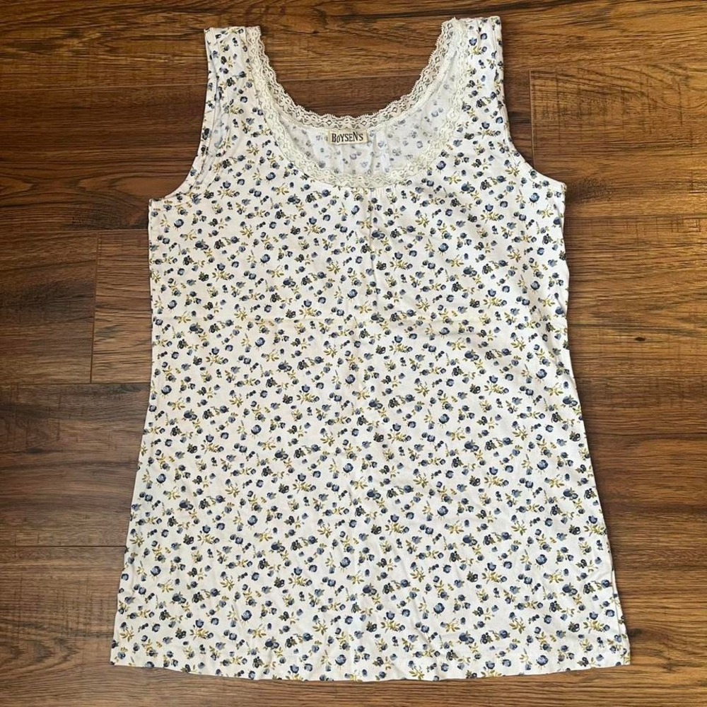 90s Dainty Floral Tank Top Lace Trim Cottagecore Shabby Chic Summer Medium